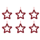 red iron bell star christmas ornaments set of 6 open five-point star of clustered small bells with ribbon hanger, full set shown together