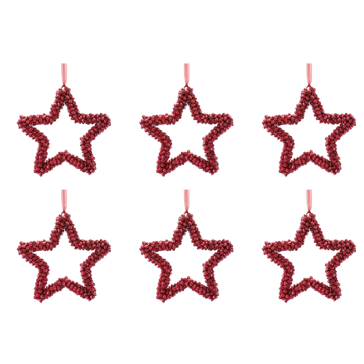red iron bell star christmas ornaments set of 6 open five-point star of clustered small bells with ribbon hanger, full set shown together