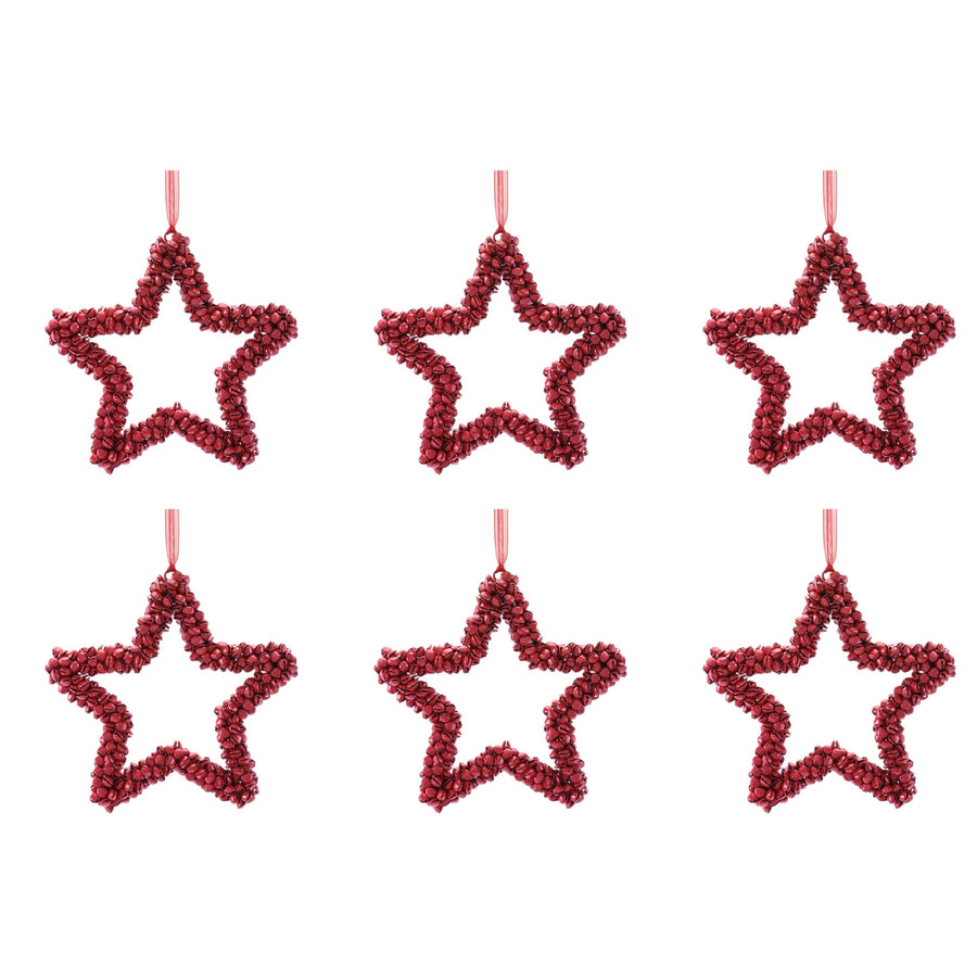 red iron bell star christmas ornaments set of 6 open five-point star of clustered small bells with ribbon hanger, full set shown together