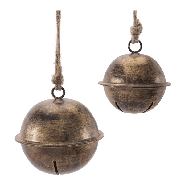 Set of 8 bronze iron jingle bell Christmas ornaments in two sizes with natural jute rope hangers