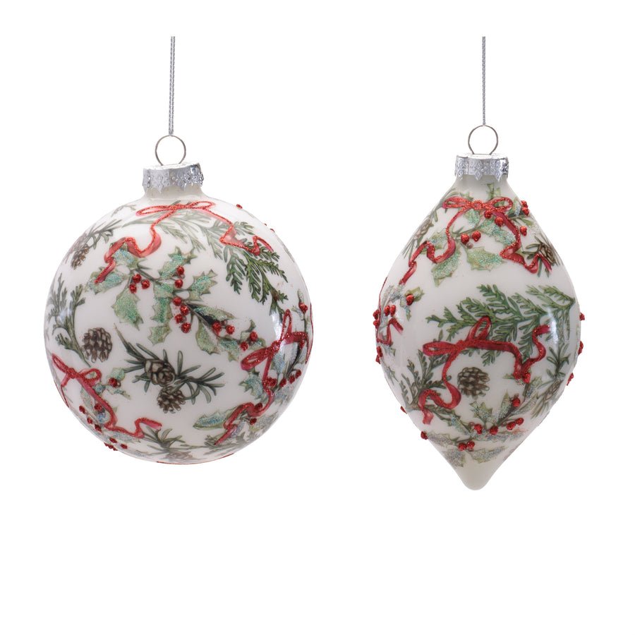Botanical Glass Christmas Ornaments, close-up of the design and finish, Christmas tree ornaments