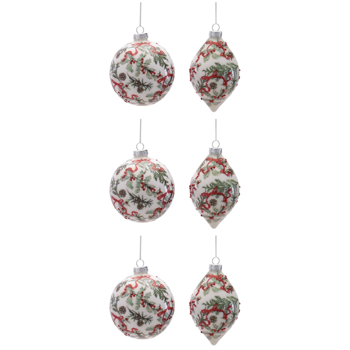botanical glass christmas ornaments set of 6 white with holly pine pinecone print and glitter ball and finial, full set shown together