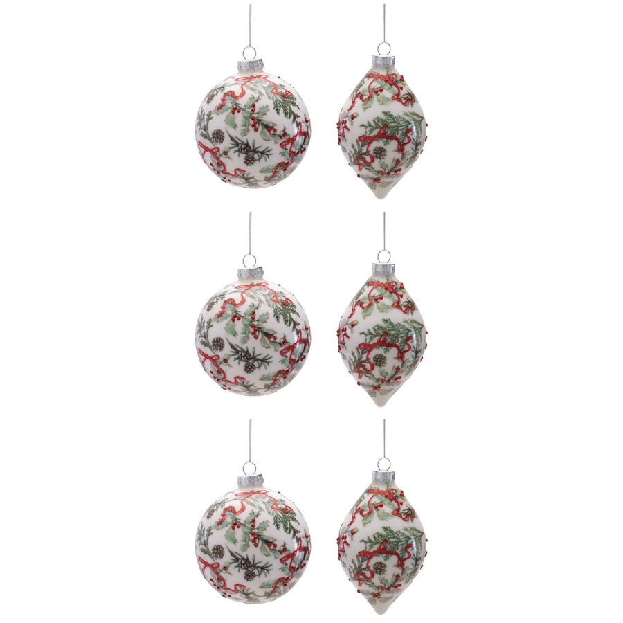 botanical glass christmas ornaments set of 6 white with holly pine pinecone print and glitter ball and finial, full set shown together