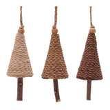 woven cone tree christmas ornaments set of 12 natural tan brown with wood trunk and faux leather loop