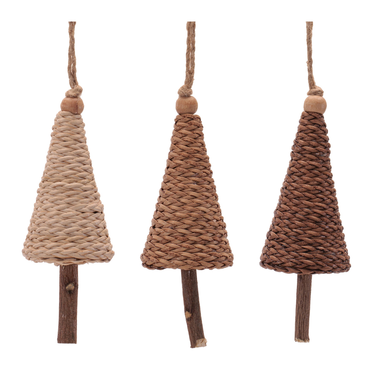 woven cone tree christmas ornaments set of 12 natural tan brown with wood trunk and faux leather loop