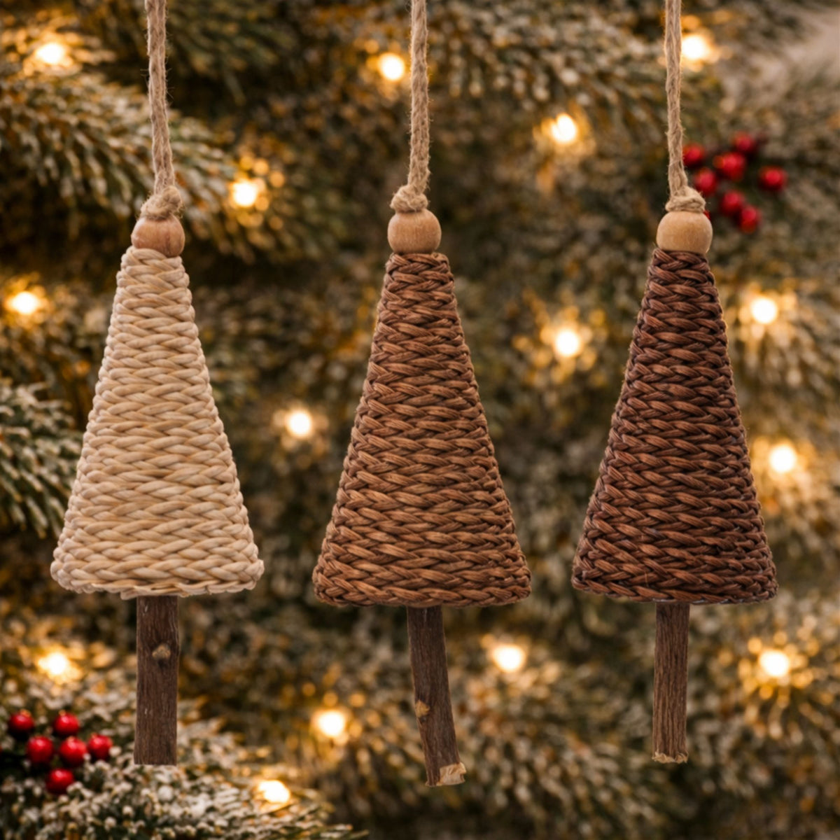 Woven Cone Tree Christmas Ornaments hanging on a Christmas tree, holiday decor styling idea