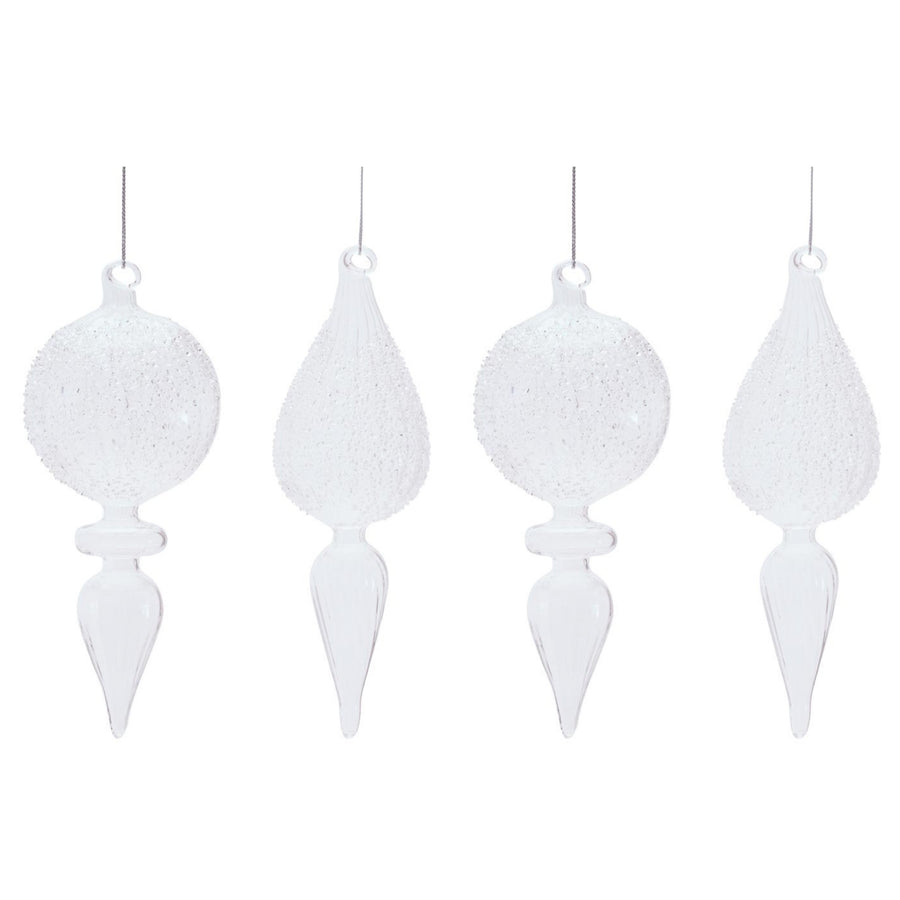 frosted white glass finial christmas ornaments set of 4 with bubbled texture in ball-top and teardrop shapes, full set shown together