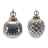 silver mercury glass christmas ornaments set of 2 with ornate metal crown caps, ribbed round ball and hobnail textured oval