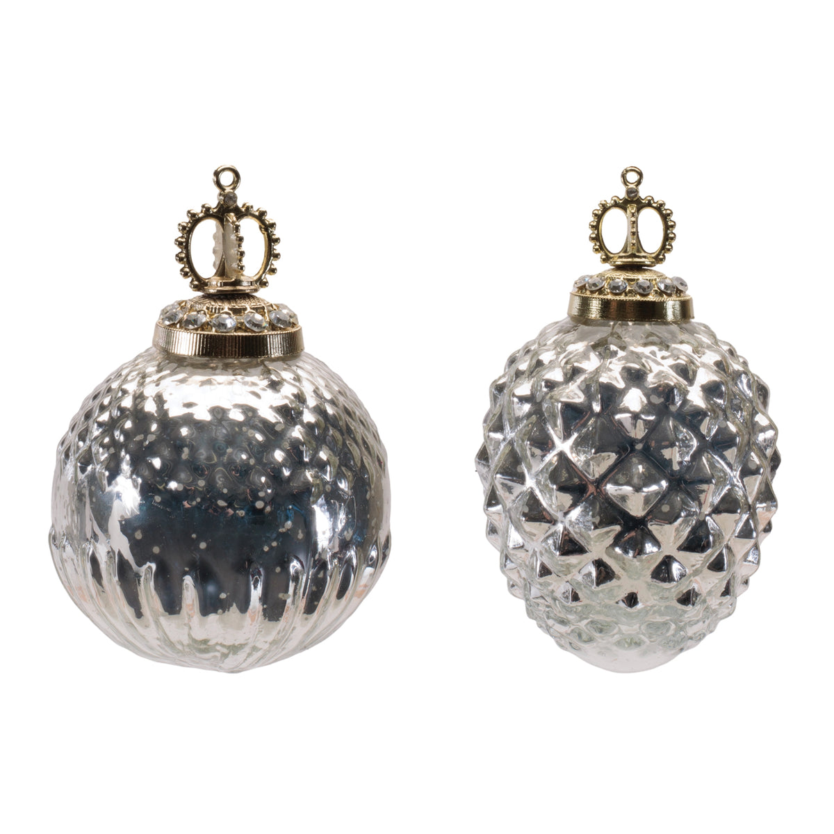 silver mercury glass christmas ornaments set of 2 with ornate metal crown caps, ribbed round ball and hobnail textured oval