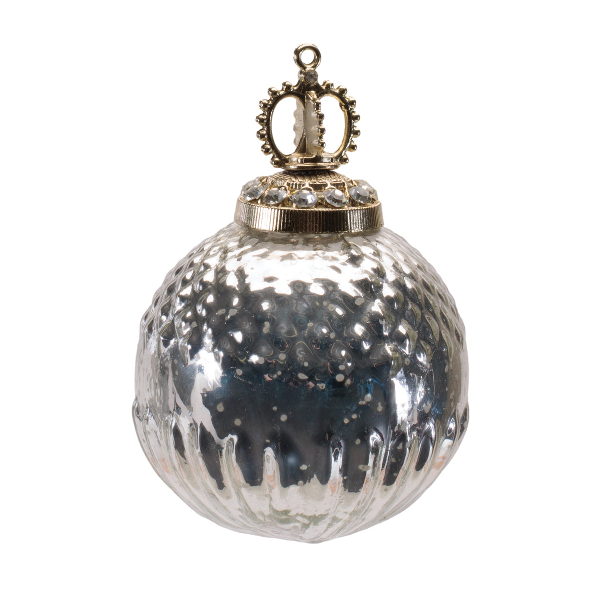 Silver Mercury Glass Christmas Ornaments, close-up of one design showing finish and detail