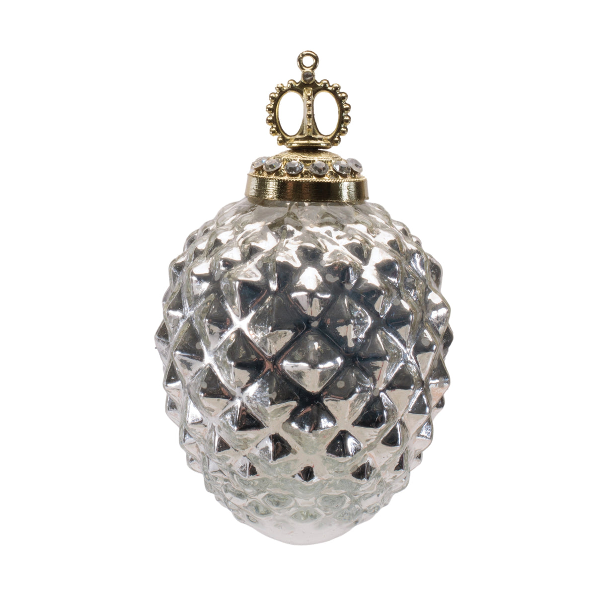 Silver Mercury Glass Christmas Ornaments, close-up of one design showing finish and detail