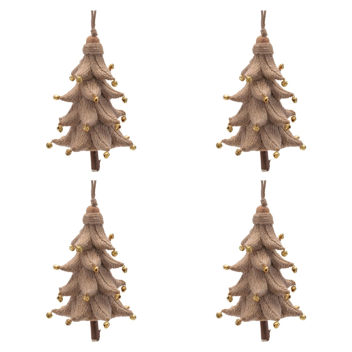 jute wrapped cone tree christmas ornaments set of 4 with gold tone bells and wood trunk, natural brown, full set shown together