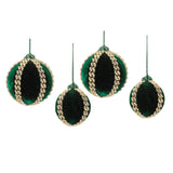 emerald green velvet ball christmas ornaments set of 4 with gold beaded trim bands and gold cord hangers in two sizes, full set shown together