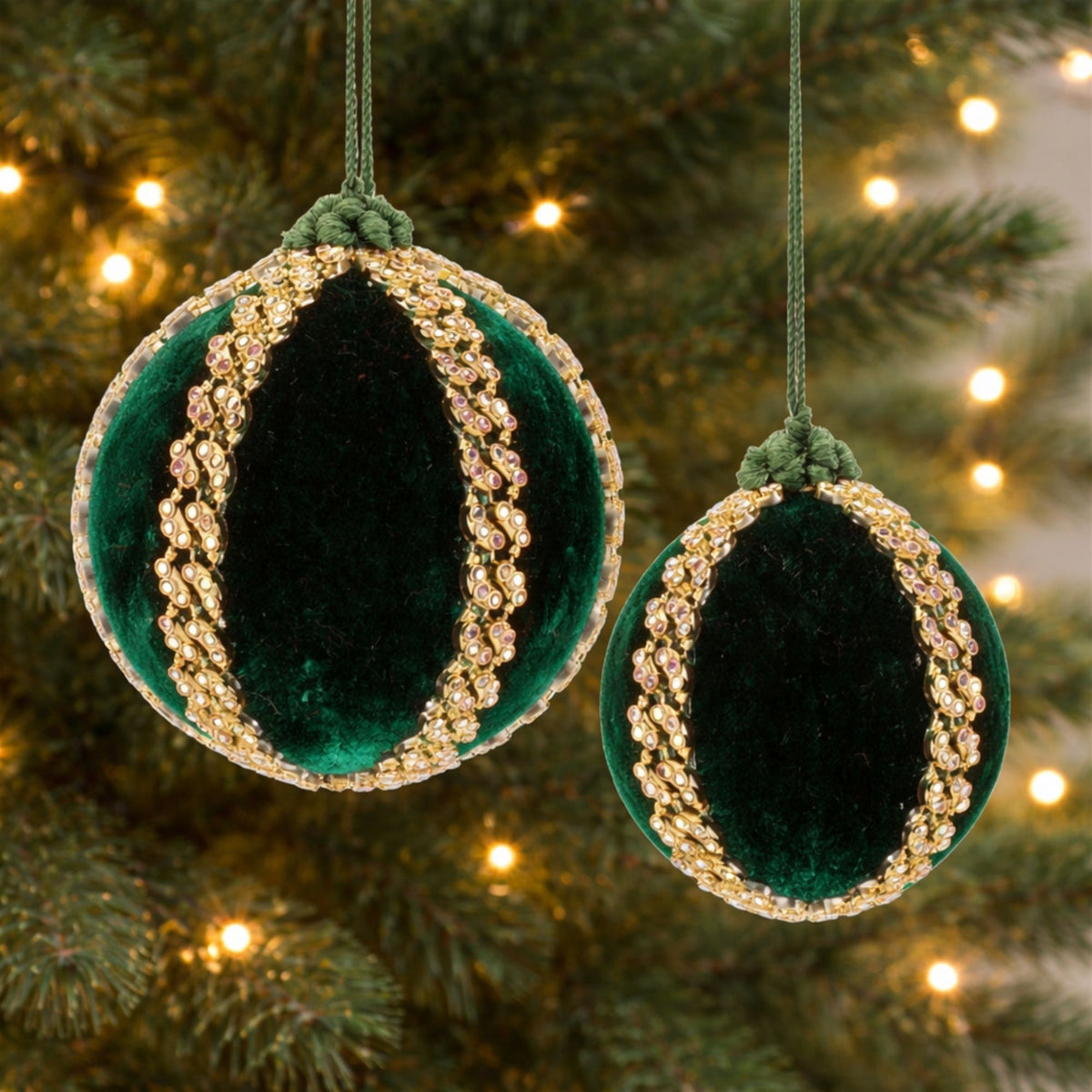 Green Velvet Ball Christmas Ornaments hanging on a Christmas tree, holiday decor styling idea