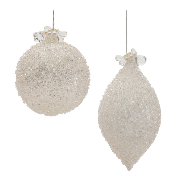 Set of 4 silver glass drop Christmas ornaments in two designs with a reflective finish