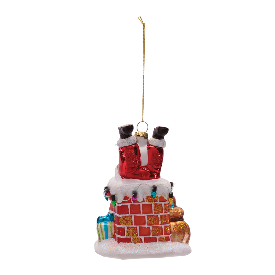 Santa in Chimney Glass Christmas Ornaments, single ornament with hanger, Christmas tree decoration