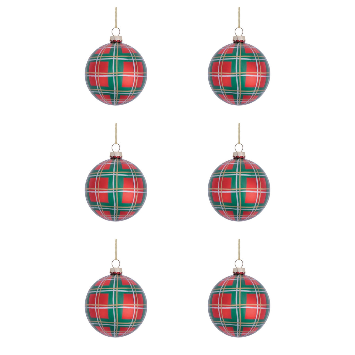 glass plaid ball christmas ornaments set of 6 red green gold tartan with gold cap and cord, full set shown together