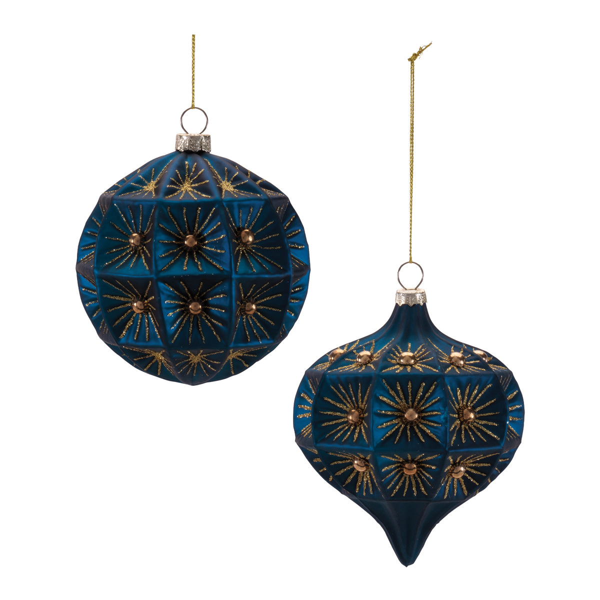 Navy Blue Glass Ball and Onion Christmas Ornaments, close-up of the design and finish, Christmas tree ornaments