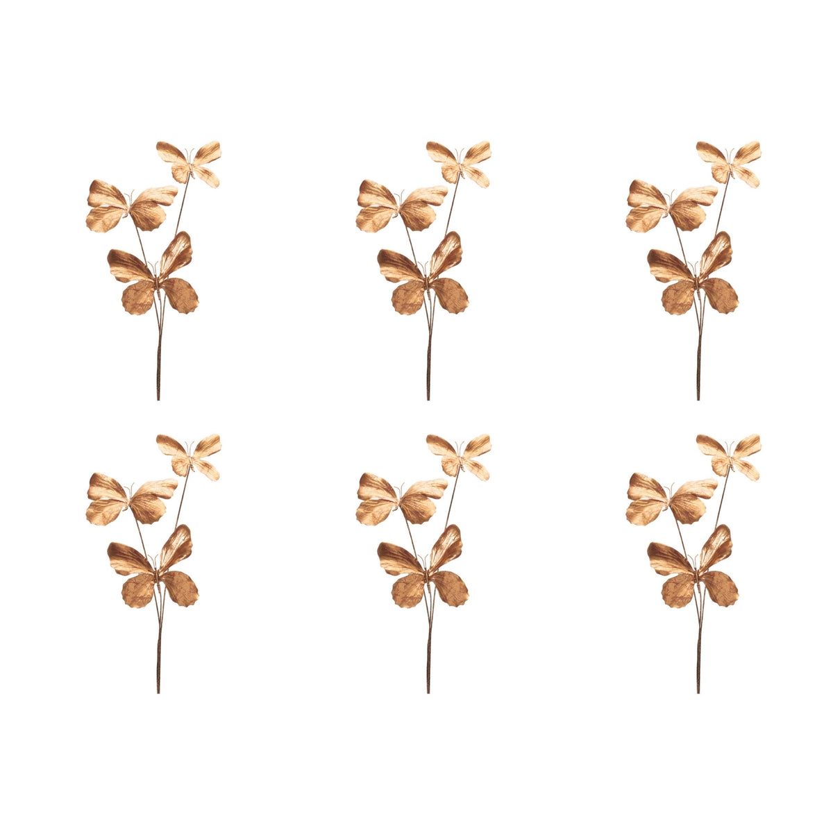 Gold Metallic Butterfly Sprays, set of 6 shown together, artificial Christmas stems for vases, trees and wreaths