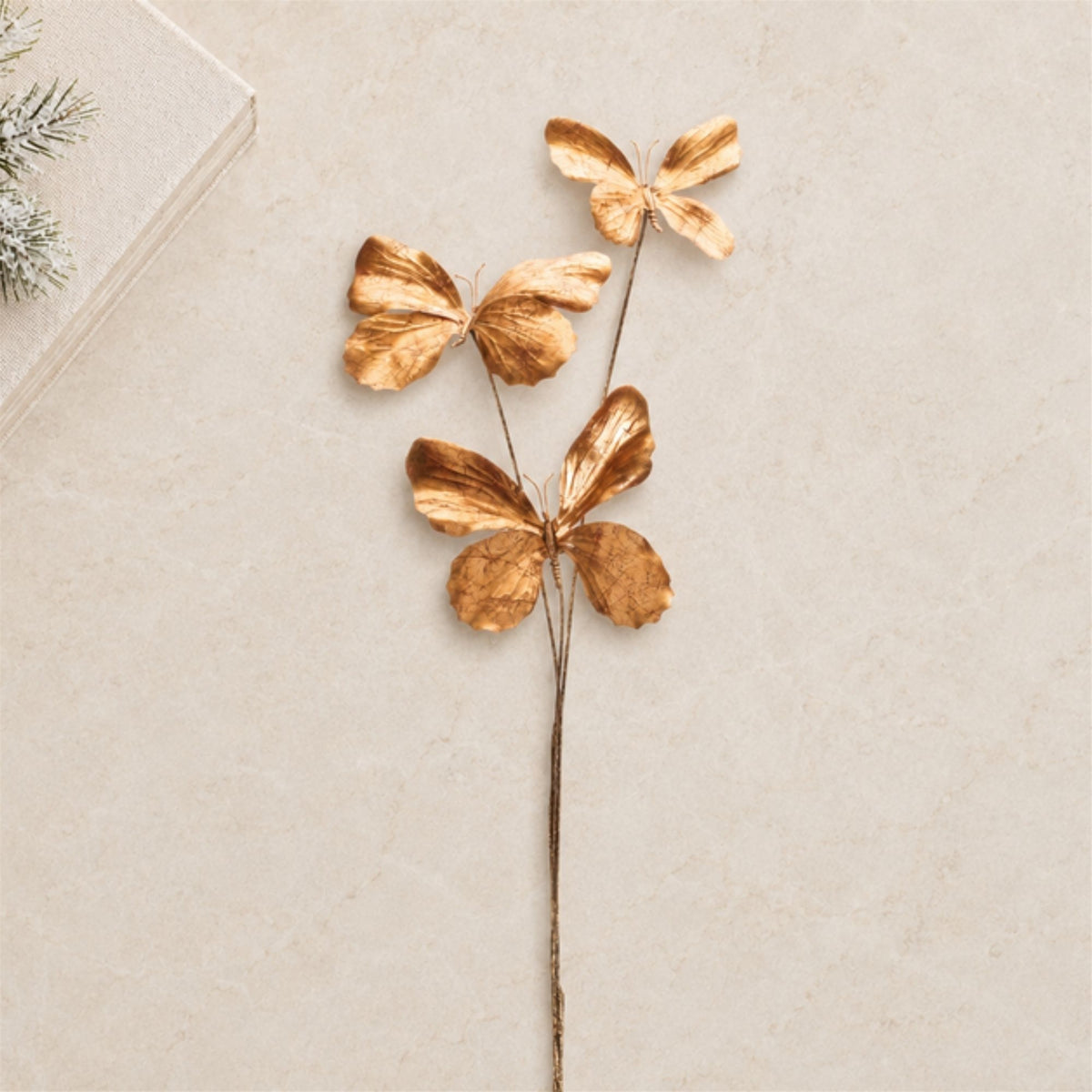 Gold Metallic Butterfly Sprays styled in holiday decor, faux Christmas spray arrangement idea
