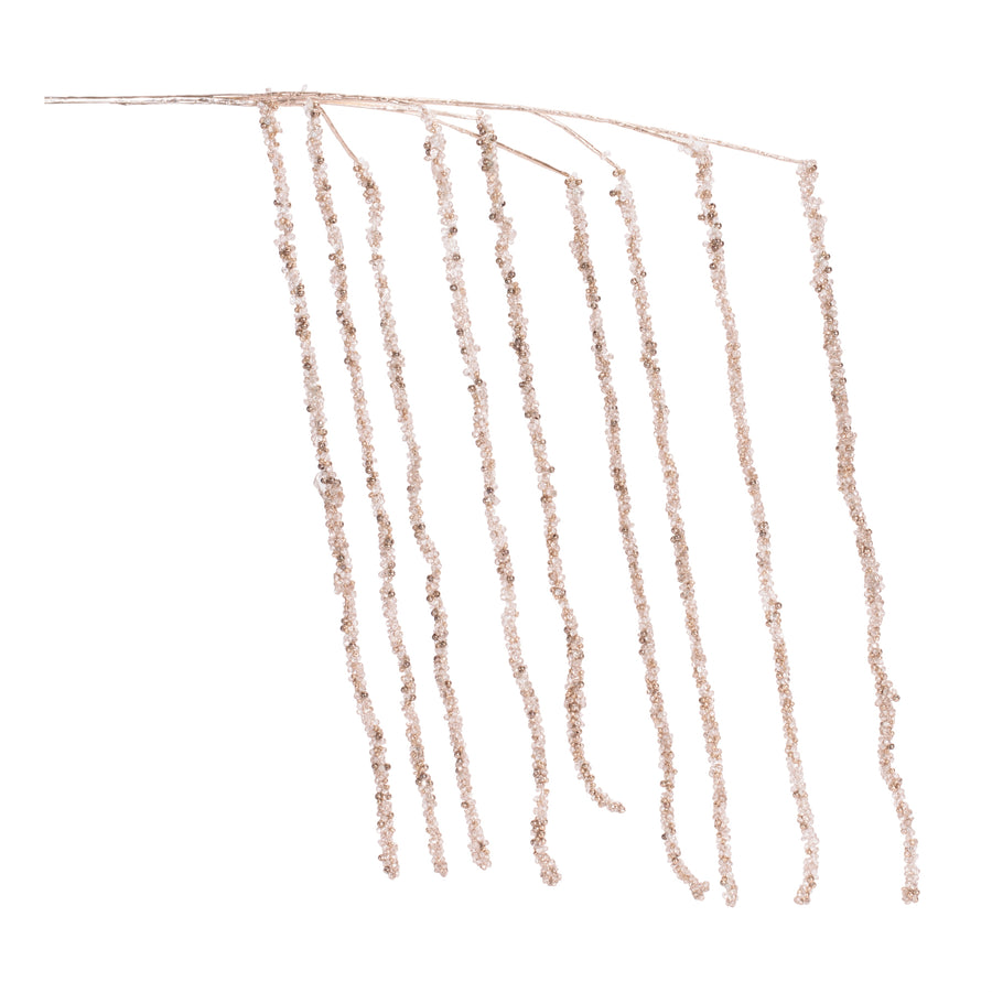 Set of 2 gold beaded icicle drop sprays with hanging champagne gold bead strands for Christmas tree decor