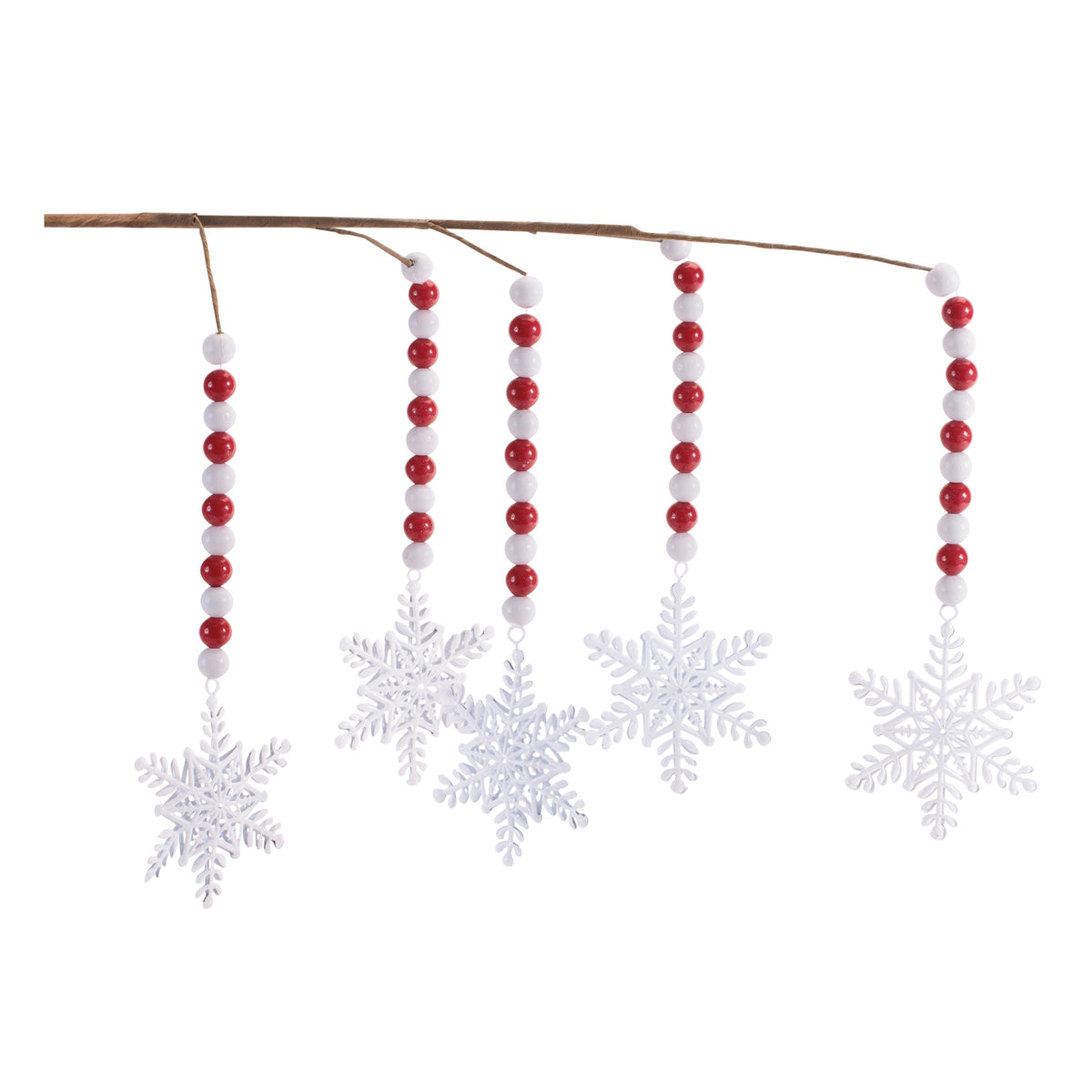 Set of 2 red and white snowflake bead drop sprays with hanging bead strands for Christmas tree decor
