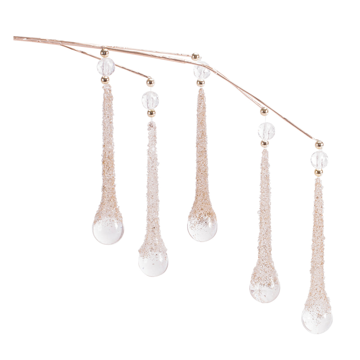Set of 2 clear teardrop icicle drop sprays with glittered icicles on a gold branch for Christmas tree decor