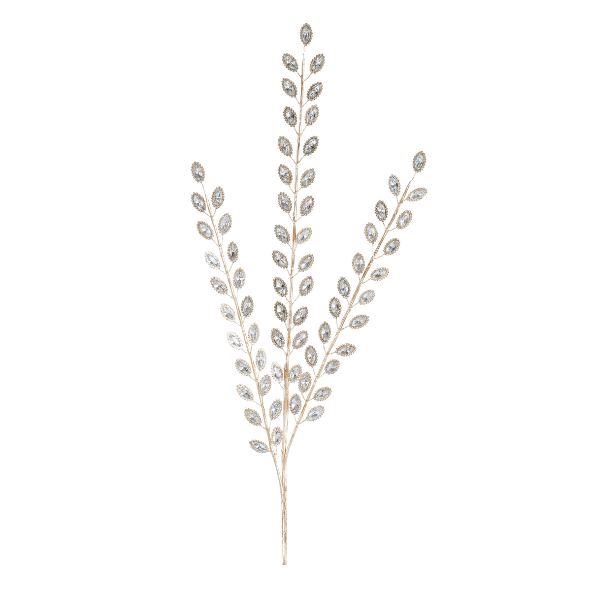 Set of 2 clear jewel leaf sprays with faceted jewels in gold-tone settings for Christmas tree and wreath decor