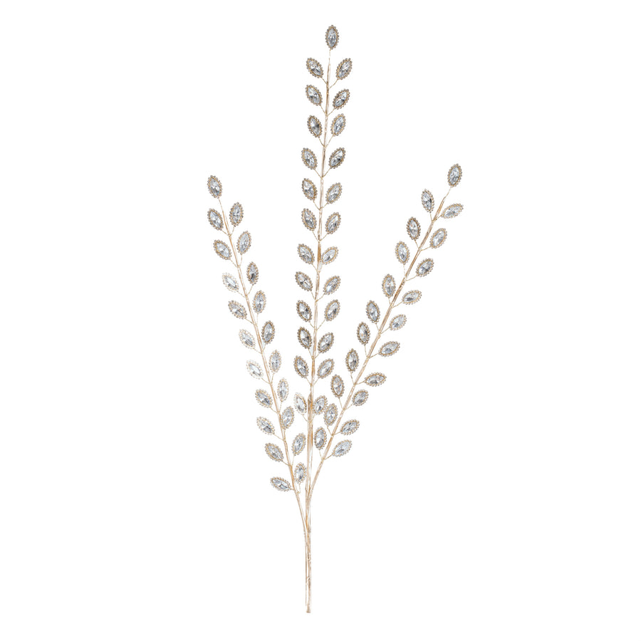 Set of 2 clear jewel leaf sprays with faceted jewels in gold-tone settings for Christmas tree and wreath decor