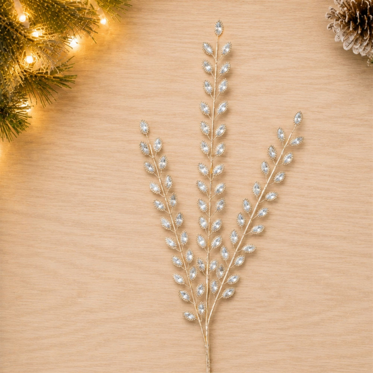 Clear Jewel Leaf Spray styled in holiday decor, faux Christmas spray arrangement idea