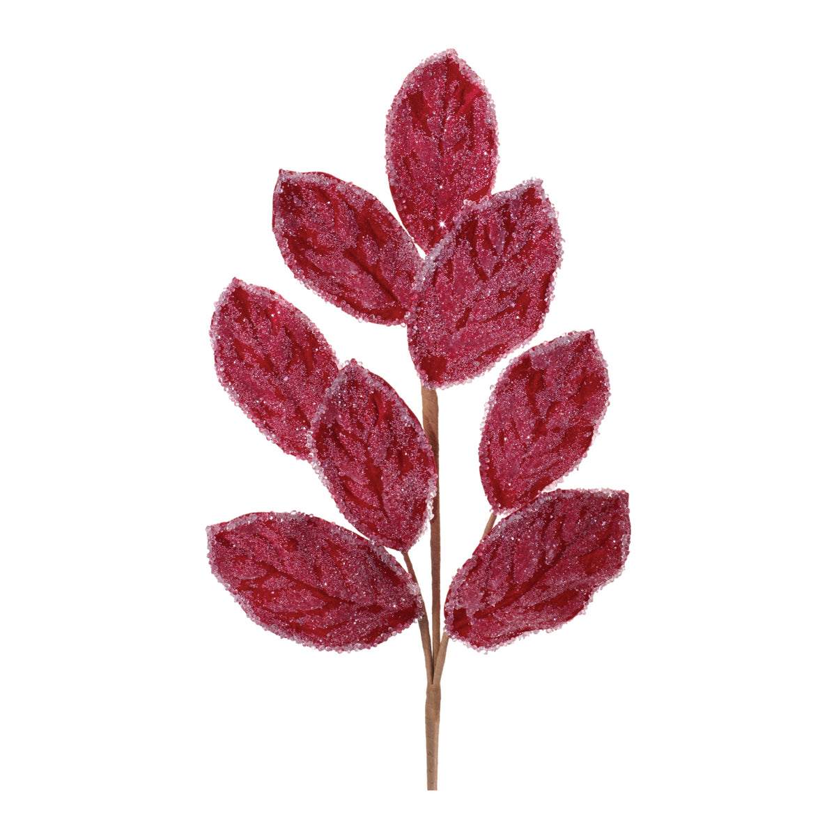 Set of 2 red beaded magnolia leaf sprays with frosted edges for Christmas tree and wreath decor