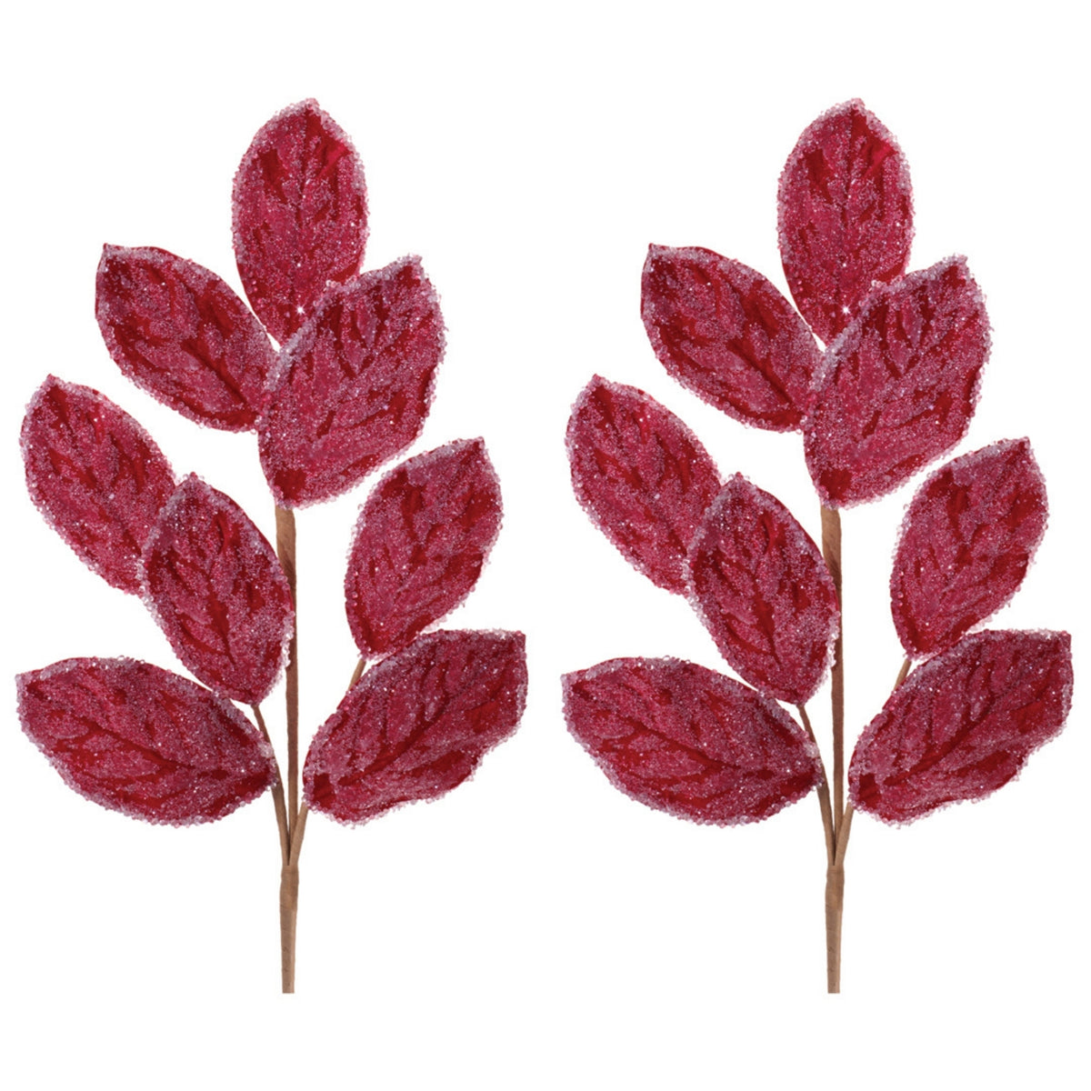 Red Beaded Magnolia Leaf Sprays, set of 2 shown together, artificial Christmas stems for vases, trees and wreaths