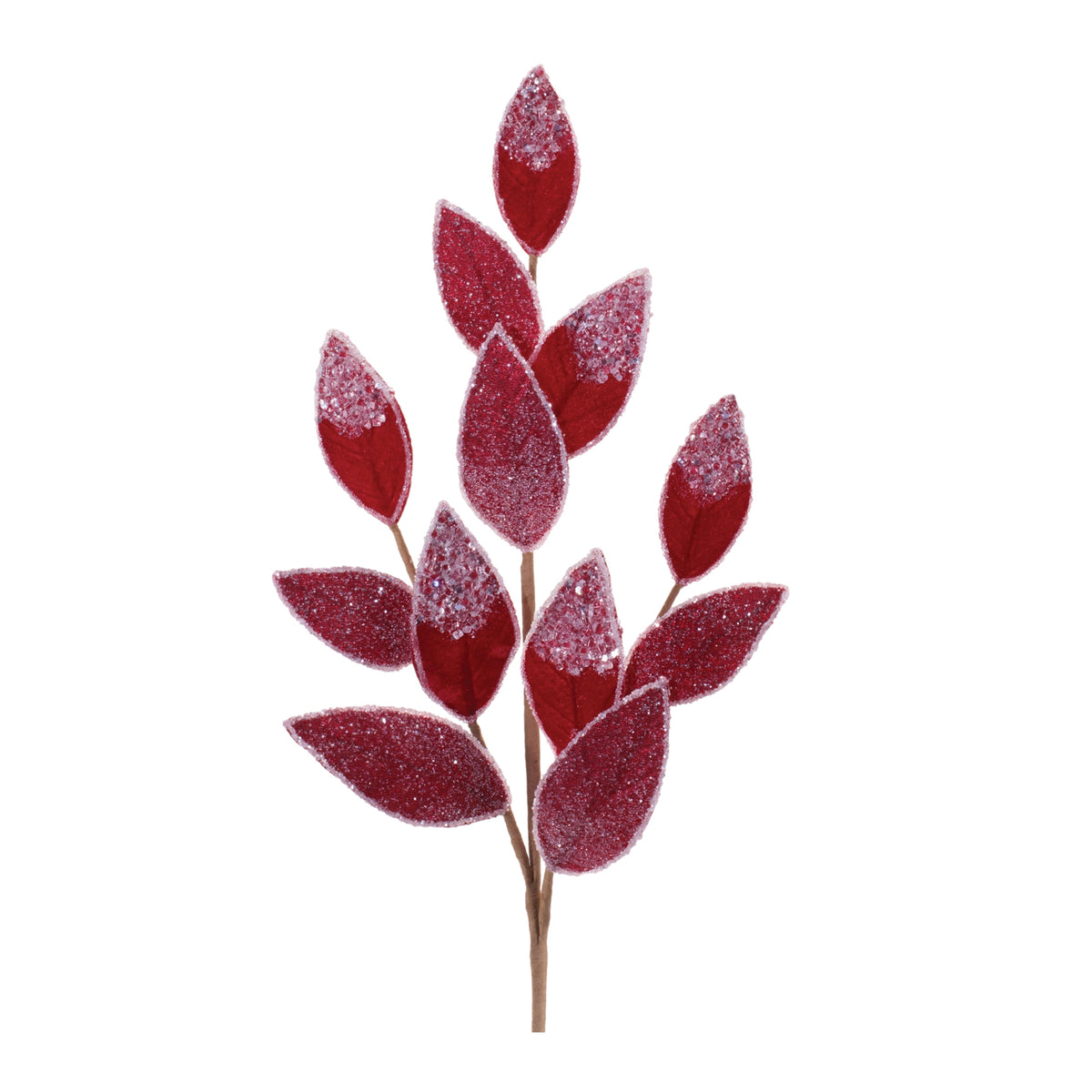 Set of 2 red beaded leaf sprays with frosted snow-dusted tips for Christmas tree decor