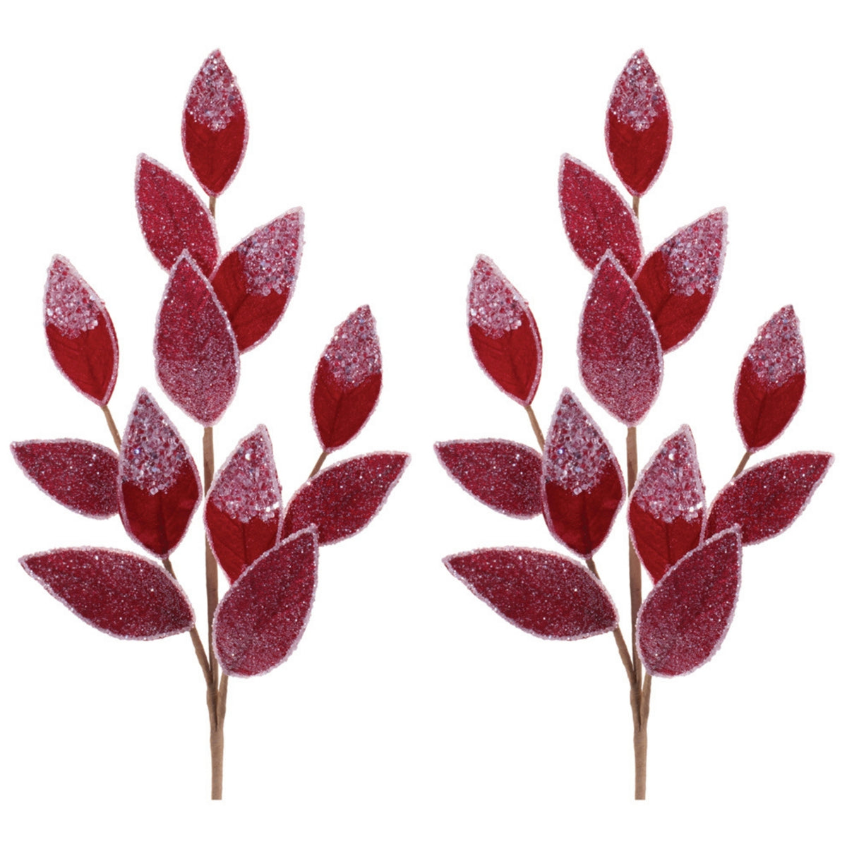 Red Beaded Leaf Sprays, set of 2 shown together, artificial Christmas stems for vases, trees and wreaths