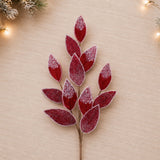 Red Beaded Leaf Sprays styled in holiday decor, faux Christmas spray arrangement idea