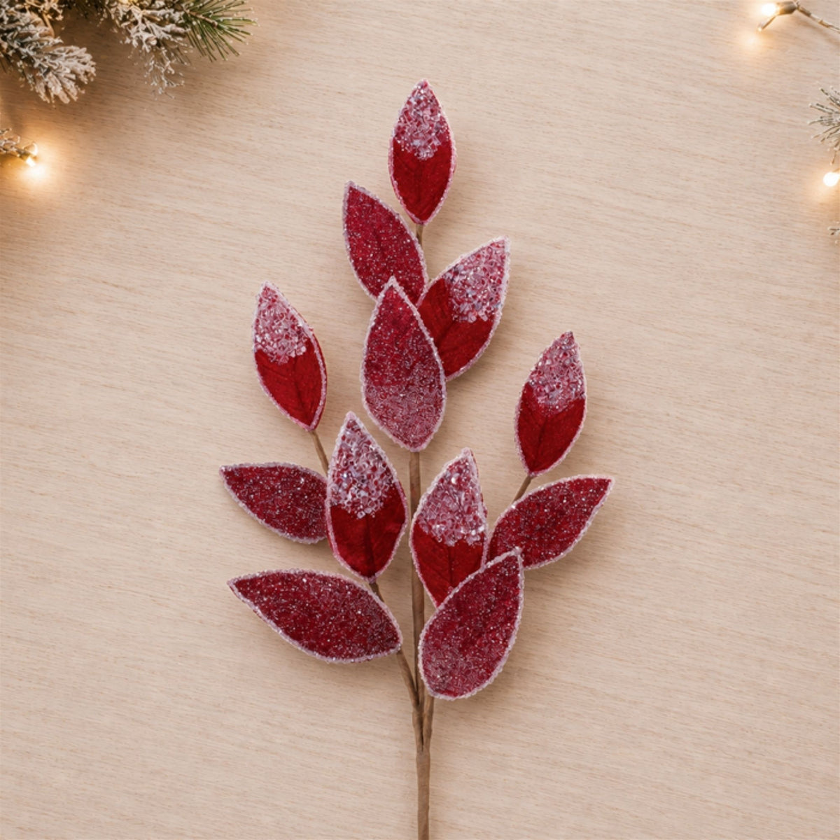 Red Beaded Leaf Sprays styled in holiday decor, faux Christmas spray arrangement idea