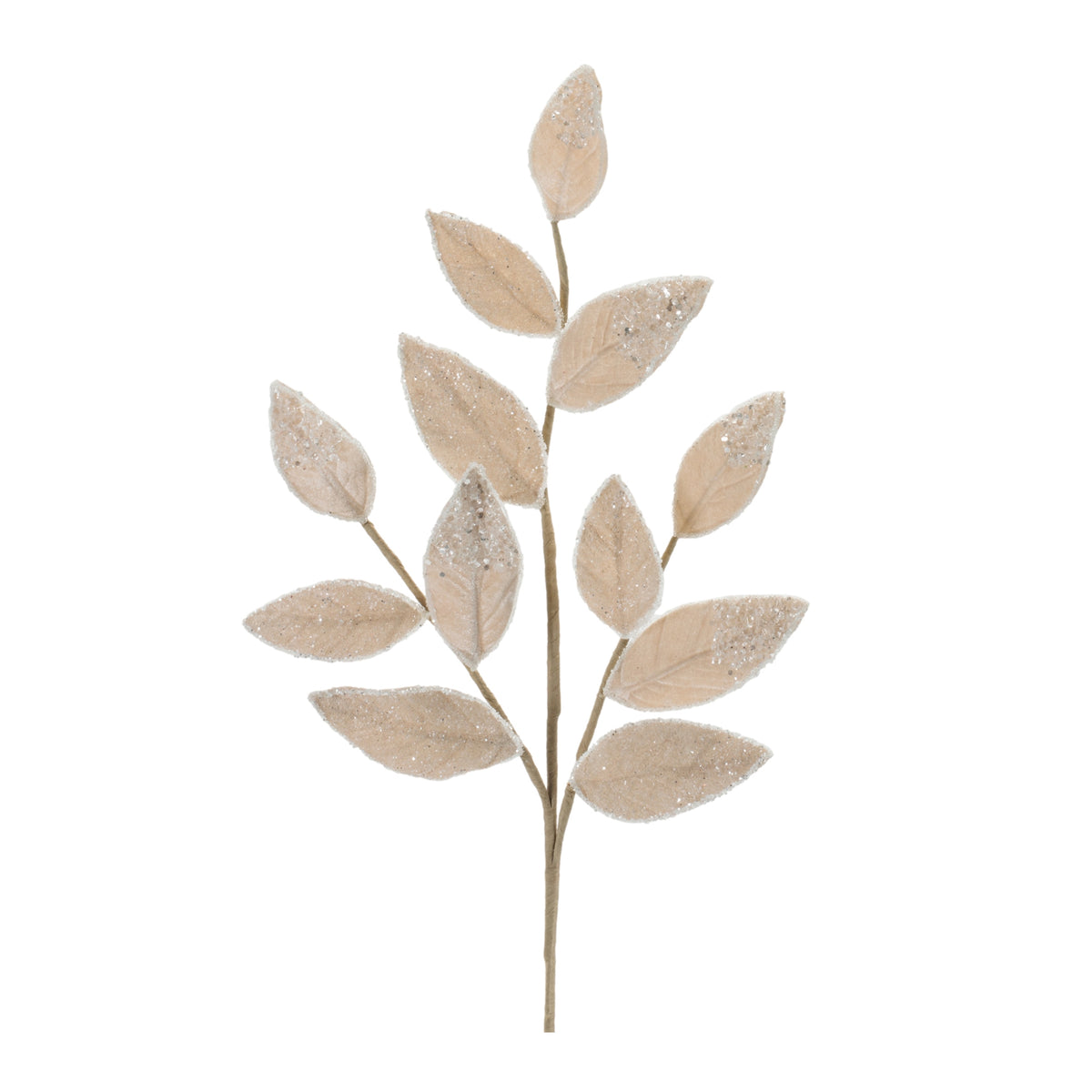Set of 2 cream beaded leaf sprays with sage green stems for neutral Christmas decor