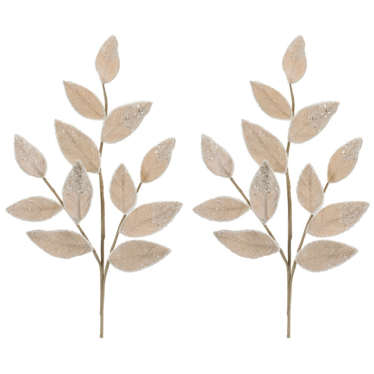 Cream Beaded Leaf Sprays, set of 2 shown together, artificial Christmas stems for vases, trees and wreaths
