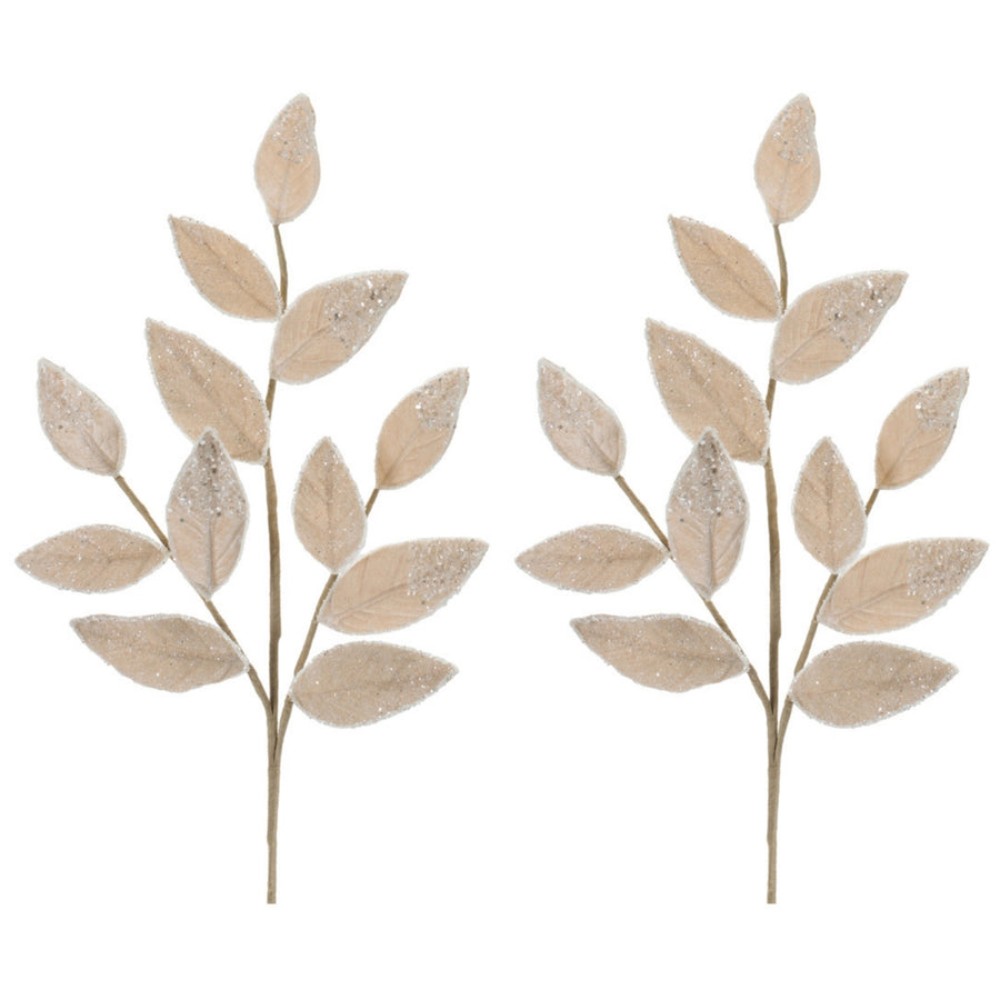 Cream Beaded Leaf Sprays, set of 2 shown together, artificial Christmas stems for vases, trees and wreaths