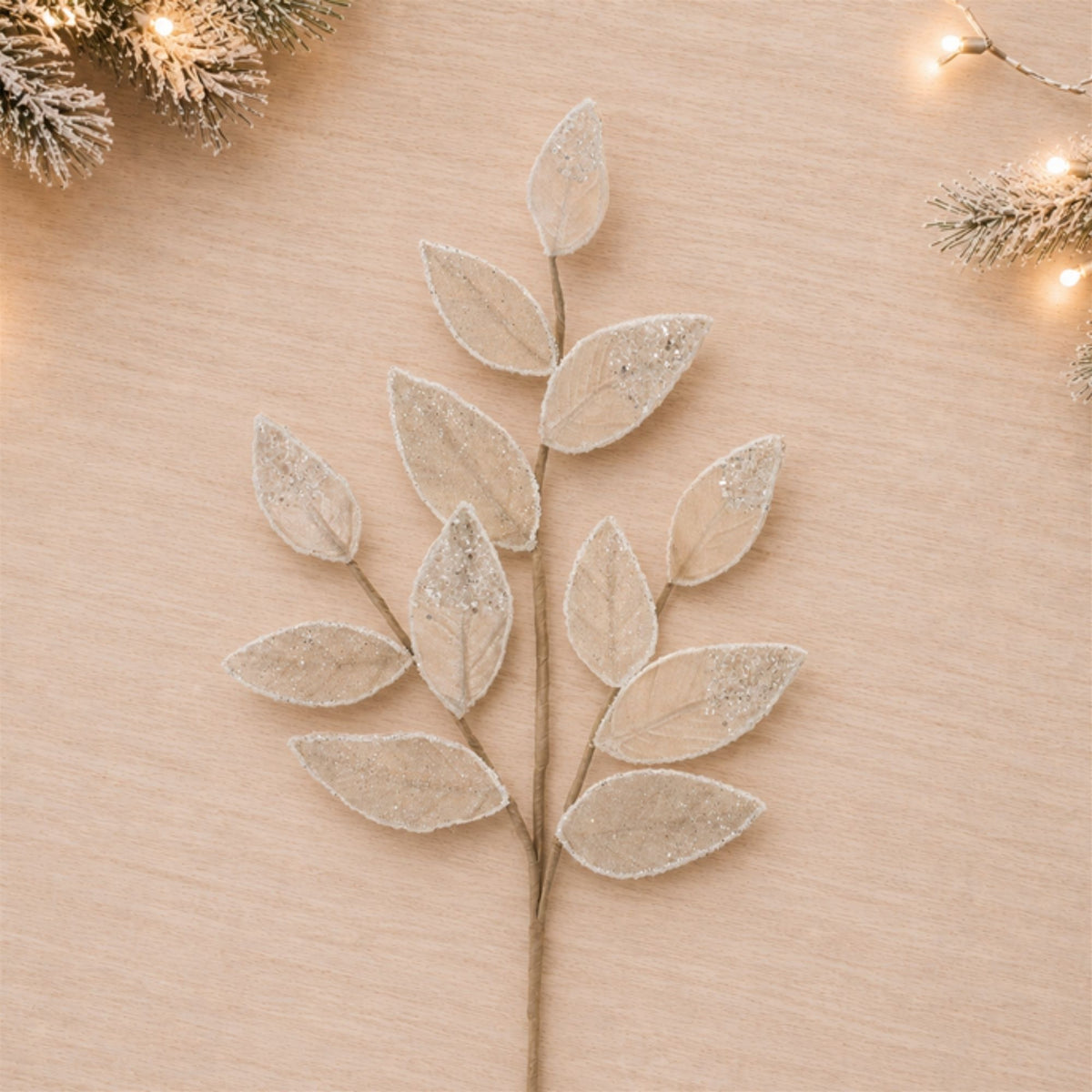 Cream Beaded Leaf Sprays styled in holiday decor, faux Christmas spray arrangement idea
