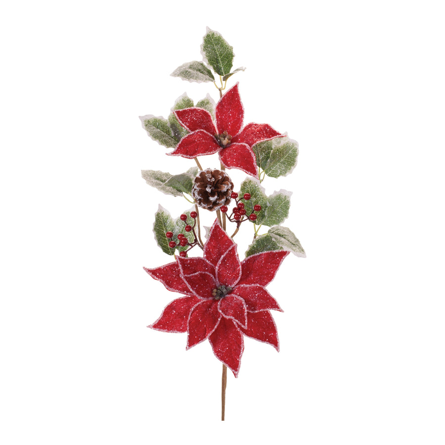 Set of 2 red poinsettia and holly sprays with pinecone and berries for Christmas wreath decor
