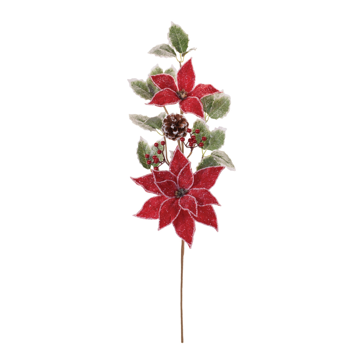 Poinsettia and Holly Sprays, single stem full length view showing stem and spray height