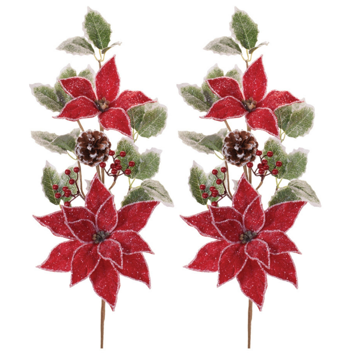 Poinsettia and Holly Sprays, set of 2 shown together, artificial Christmas stems for vases, trees and wreaths