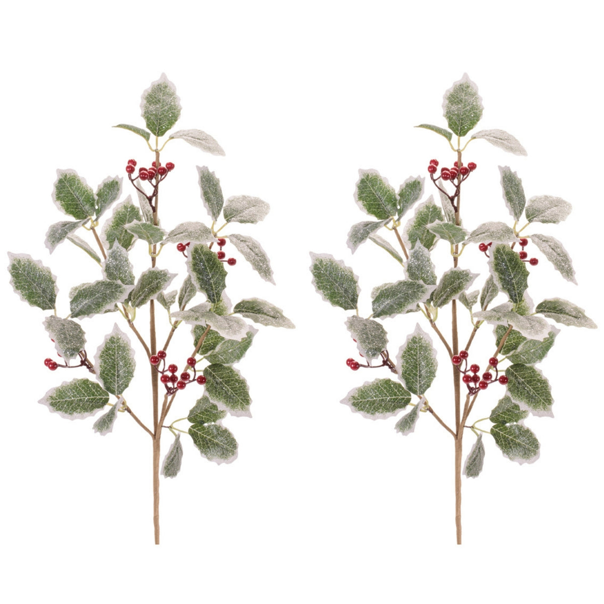 Frosted Holly Leaf and Berry Sprays, set of 2 shown together, artificial Christmas stems for vases, trees and wreaths