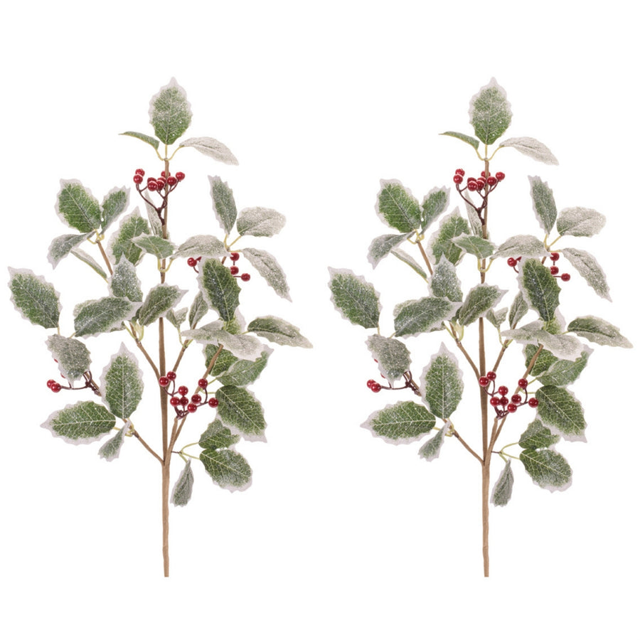 Frosted Holly Leaf and Berry Sprays, set of 2 shown together, artificial Christmas stems for vases, trees and wreaths