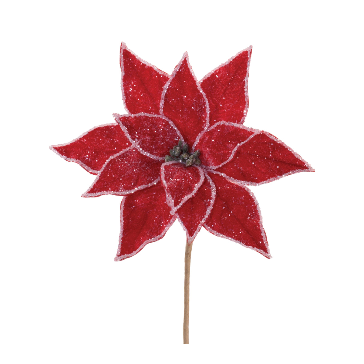 Set of 2 red glittered poinsettia stems with frosted white petal edges for Christmas tree decor