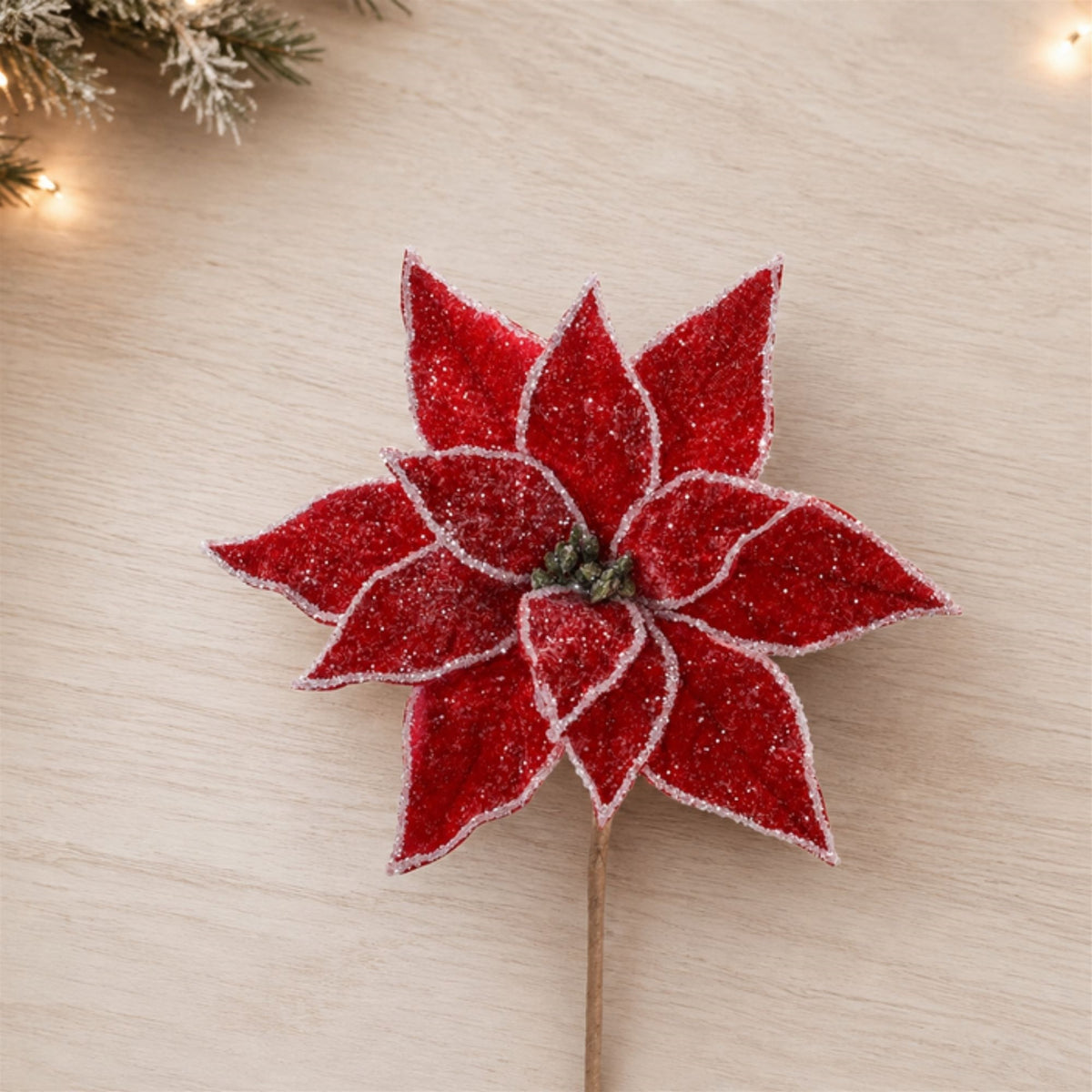 Frosted Red Poinsettia Stems styled in holiday decor, faux Christmas spray arrangement idea