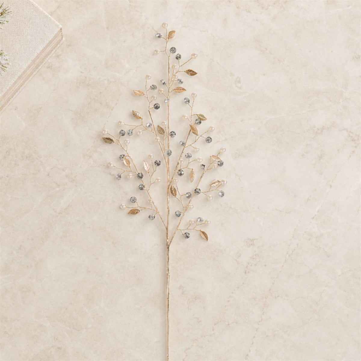 Pearl and Gold Leaf Spray styled in holiday decor, faux Christmas spray arrangement idea