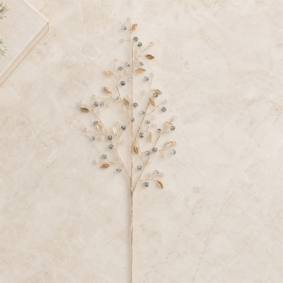 Pearl and Gold Leaf Spray styled in holiday decor, faux Christmas spray arrangement idea