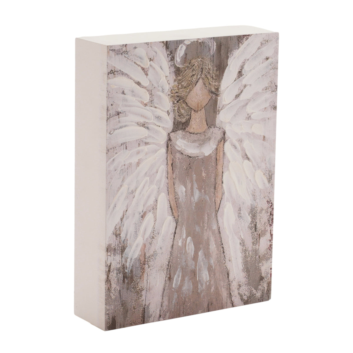 Set of 2 freestanding MDF angel block signs with a painted angel and layered textured wings in white and brown